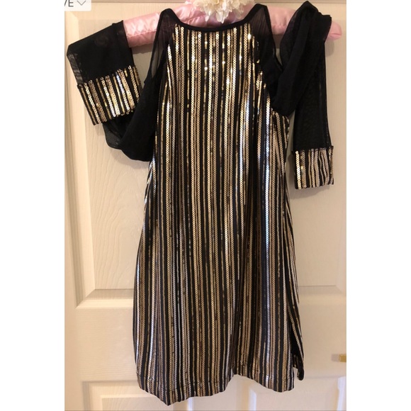 Black with Golden Sequencing Romper, Sheer Long Sleeves & Cold Shoulder - Picture 6 of 14